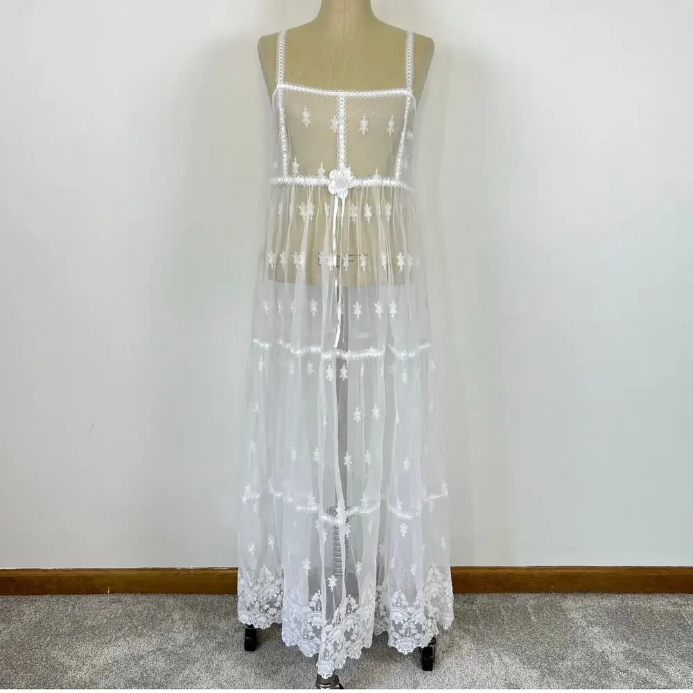 Vintage No Strings Attached Sheer White Floral Coverup Bridal Night Gown Dress M - Picture 12 of 13